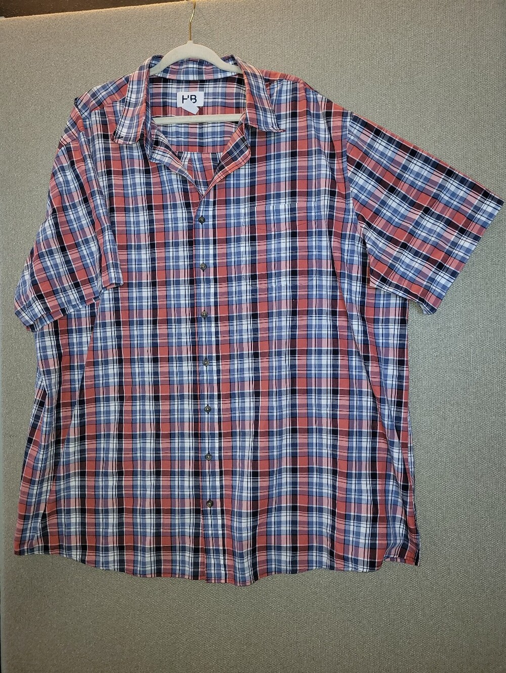 HB Harbor Bay size 2XLT Red White Blue Plaid Short-Sleeve Button-Down Shirt